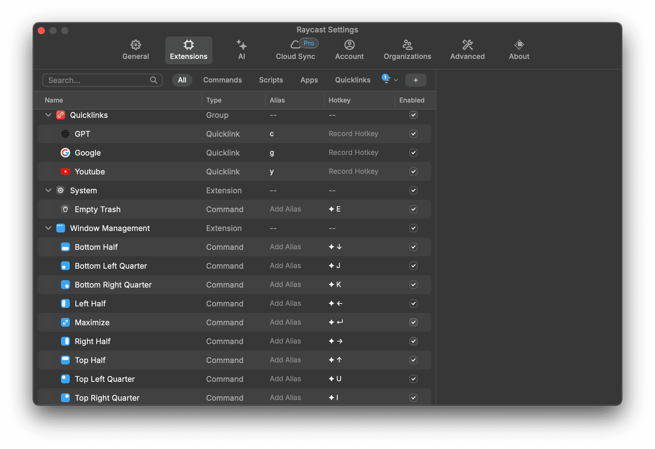 Raycast keyboard shortcuts